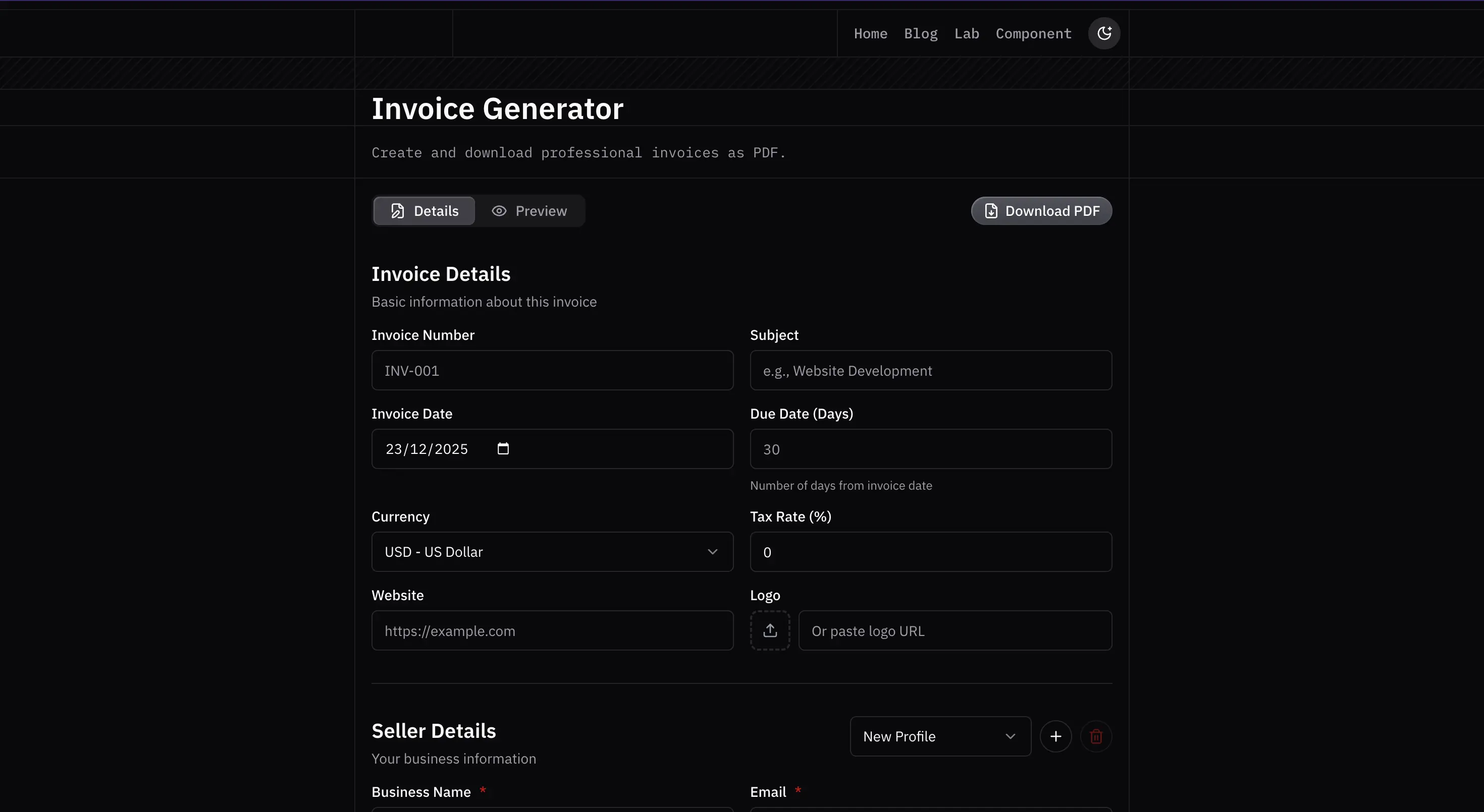 Invoice Generator dark preview